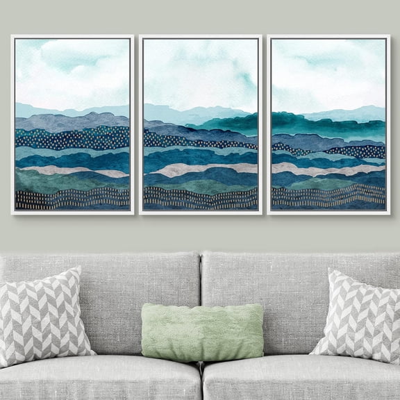 IDEA4WALL Framed Canvas Print Wall Art Set of 3 Vibrant Teal Mountain Range Horizon Abstract Modern Art Decor Nature Wilderness Geometric Artwork Nordic Zen for Rooms - White 16"x24"x3