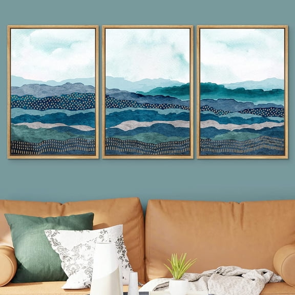 IDEA4WALL Framed Canvas Print Wall Art Set of 3 Vibrant Teal Mountain Range Horizon Abstract Modern Art Decor Nature Wilderness Geometric Artwork Nordic Zen for Rooms - Natural 16"x24"x3