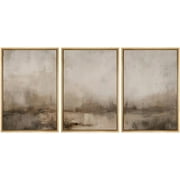 IDEA4WALL Framed Canvas Print Wall Art Set of 3 Vintage Abstract Landscape Misty Horizons Modern Art Wall Decor Pastel Brown Prints Retro Minimalist Artwork For Home Decor - Natural 16"x24"x3