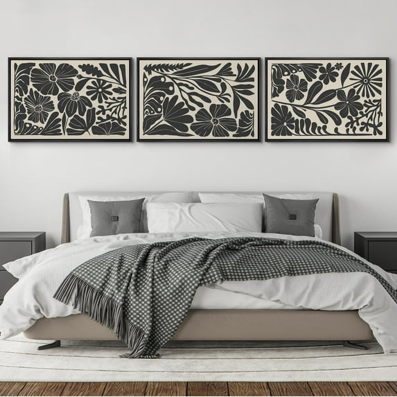 IDEA4WALL Framed Canvas Print Wall Art Set of 3 Vintage Garden Flower Fine Art Black & Beige Floral Wall Decor Botanical Pattern Retro Prints Nature Wildflowers Minimal Artwork - 24"x36"x3 Black