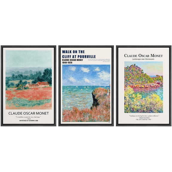 IDEA4WALL Framed Canvas Print Wall Art Set of 3 Walk on The Cliff at Pourville by Claude Monet Posters Wall Decor Retro Abstract Landscape Prints Farmhouse Country Artwork -