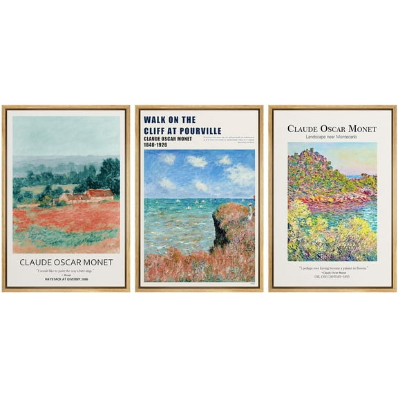 IDEA4WALL Framed Canvas Print Wall Art Set of 3 Walk on The Cliff at Pourville by Claude Monet Posters Wall Decor Retro Abstract Landscape Prints Farmhouse Country Artwork -