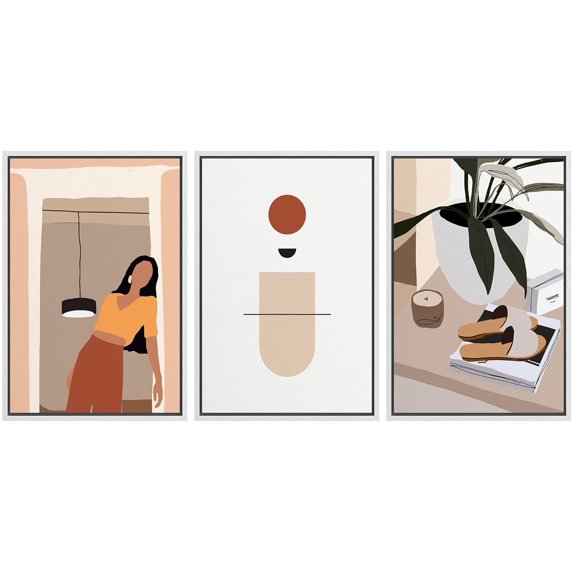IDEA4WALL Framed Canvas Print Wall Art Set of 3 Warm Tones Mid-Century Modern Woman, Polygons & Sandals Abstract Patterns Illustration Wall Decor Modern Colorful Digital Pop Art - White 16"x24"x3