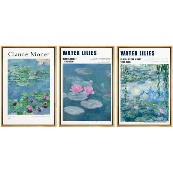 IDEA4WALL Framed Canvas Print Wall Art Set of 3 Water Lilies by Claude Monet Vintage Posters Wall Decor Impressionism Flowers Landscape Prints Abstract Artwork for Room Decor -