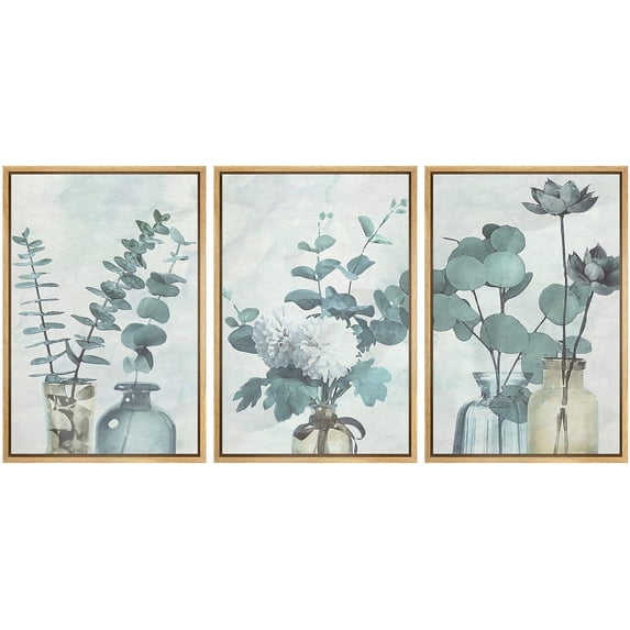 IDEA4WALL Framed Canvas Print Wall Art Set of 3 Watercolor Effect Green Forest Leaves in Bottles Wall Decor Abstract Geometric Floral Prints Minimal Modern Art Nordic Zen Artwork - Natural 16"x24"x3