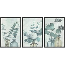 IDEA4WALL Framed Canvas Print Wall Art Set of 3 Watercolor Effect Green Forest Leaves in Bottles Wall Decor Abstract Geometric Floral Prints Minimal Modern Art Nordic Zen Artwork - Black 16"x24"x3