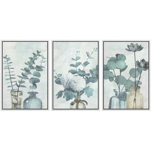 IDEA4WALL Framed Canvas Print Wall Art Set of 3 Watercolor Effect Green Forest Leaves in Bottles Wall Decor Abstract Geometric Floral Prints Minimal Modern Art Nordic Zen Artwork - White 24"x36"x3