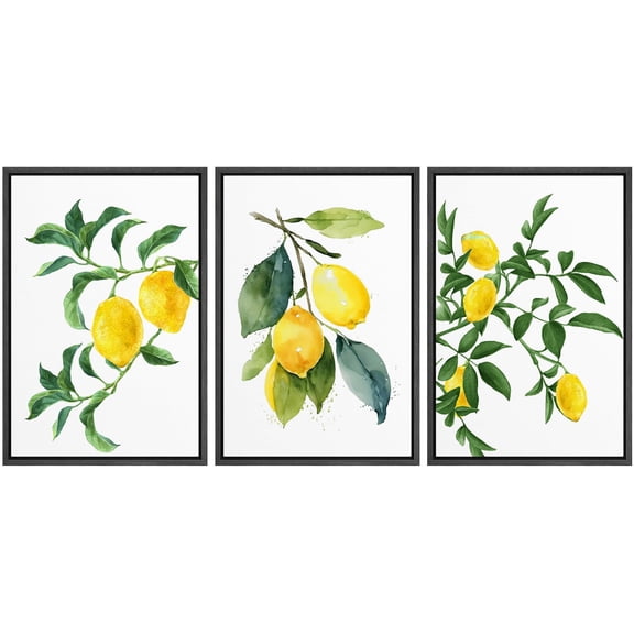 IDEA4WALL Framed Canvas Print Wall Art Set of 3 Watercolor Lemon Fruits Art Prints, Botanical Floral Wall Decor, Minimalist Plants Artwork for Bedroom, Living Room, Office - Black 16"x24"x3