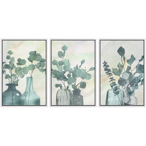 IDEA4WALL Framed Canvas Print Wall Art Set of 3 Watercolor Pastel Forest Leaf Variety in Bottles Wall Decor Boho Abstract Nature Plants Prints Nordic Zen Minimal Artwork - White 16"x24"x3