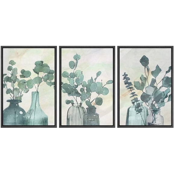 IDEA4WALL Framed Canvas Print Wall Art Set of 3 Watercolor Pastel Forest Leaf Variety in Bottles Wall Decor Boho Abstract Nature Plants Prints Nordic Zen Minimal Artwork - Black 16"x24"x3