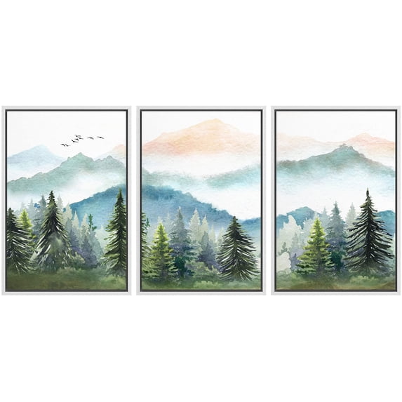 IDEA4WALL Framed Canvas Print Wall Art Set of 3 Watercolor Pastel Mountain Range Pine Tree Forest Nature Wilderness Geometric Modern Art Floral Calm/Relax/Cozy for Rooms - White 16"x24"x3