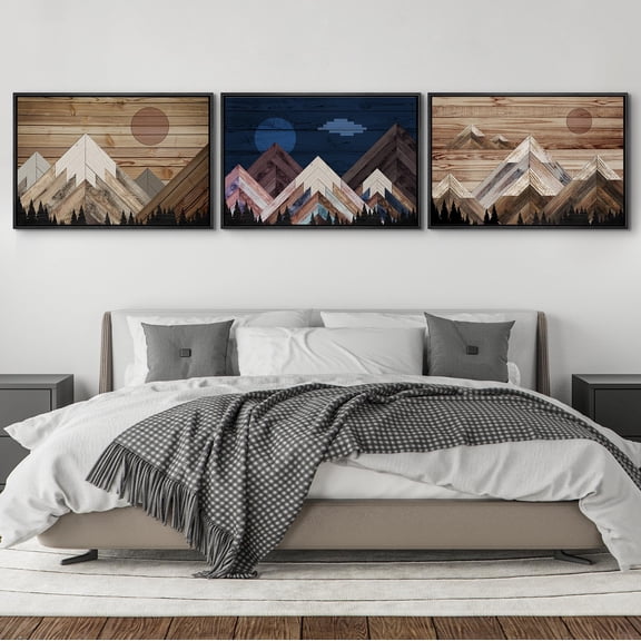 IDEA4WALL Framed Canvas Print Wall Art Set of 3 Western Sun Shines Over Snowy Mountain Forest Pattern Wall Decor Geometric Landscape Retro Prints Nature Minimal Artwork - 16"x24"x3 Black