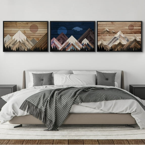 IDEA4WALL Framed Canvas Print Wall Art Set of 3 Western Sun Shines Over Snowy Mountain Forest Pattern Wall Decor Geometric Landscape Retro Prints Nature Minimal Artwork - 24"x36"x3 Black