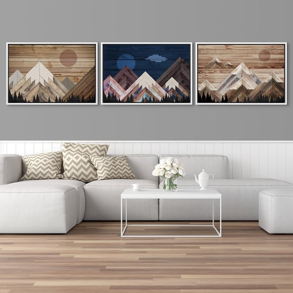 IDEA4WALL Framed Canvas Print Wall Art Set of 3 Western Sun Shines Over Snowy Mountain Forest Pattern Wall Decor Geometric Landscape Retro Prints Nature Minimal Artwork - 16"x24"x3 White