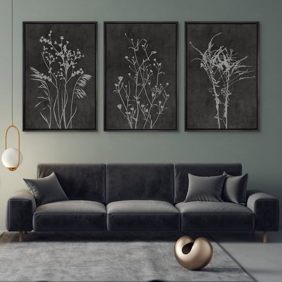 IDEA4WALL Framed Canvas Print Wall Art Set of 3 White Wildflowers Botanical Prints Retro Flowers Floral Illustration Art Vintage Nature Wilderness Artwork for Room Decor - Black 24"x36"x3