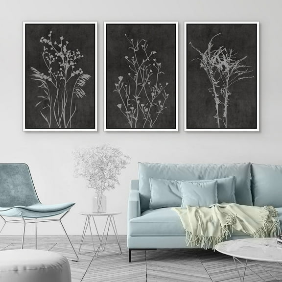 IDEA4WALL Framed Canvas Print Wall Art Set of 3 White Wildflowers Botanical Prints Retro Flowers Floral Illustration Art Vintage Nature Wilderness Artwork for Room Decor - White 24"x36"x3