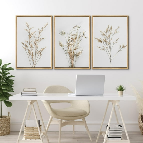 IDEA4WALL Framed Canvas Print Wall Art Set of 3 Wildflower Floral Botanical Prints, Modern Farmhouse Flowers Wall Decor, Large Wall Art, Minimalist Artwork for Home Decor - Natural 16"x24"x3
