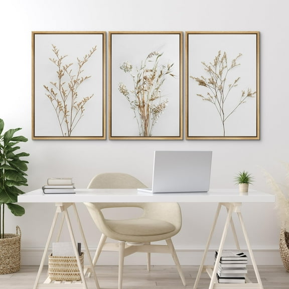 IDEA4WALL Framed Canvas Print Wall Art Set of 3 Wildflower Floral Botanical Prints, Modern Farmhouse Flowers Wall Decor, Large Wall Art, Minimalist Artwork for Home Decor - Natural 24"x36"x3