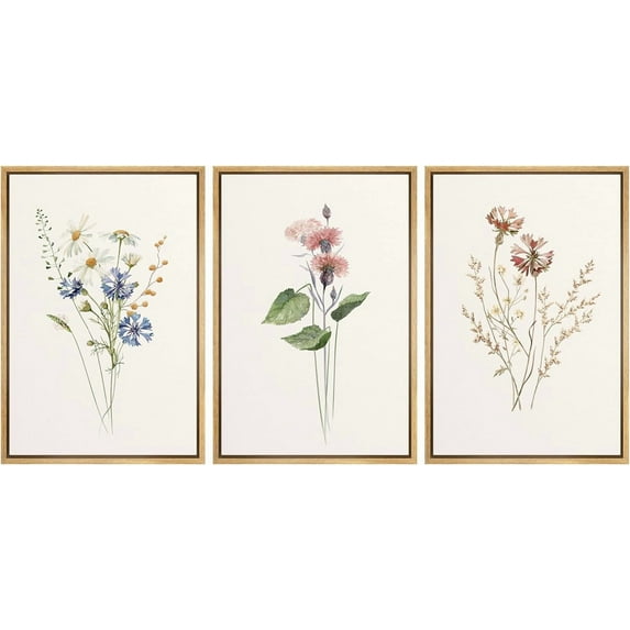 IDEA4WALL Framed Canvas Print Wall Art Set of 3 Wildflowers Botanical Prints Retro Elegant Flowers Floral Illustration Art Vintage Nature Wilderness Artwork for Room Decor - Natural 16"x24"x3