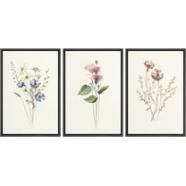 IDEA4WALL Framed Canvas Print Wall Art Set of 3 Wildflowers Botanical Prints Retro Elegant Flowers Floral Illustration Art Vintage Nature Wilderness Artwork for Room Decor - Black 16"x24"x3