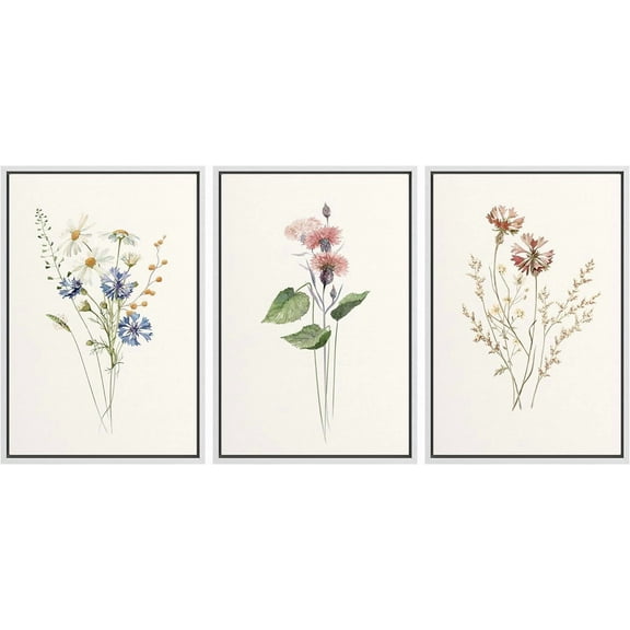 IDEA4WALL Framed Canvas Print Wall Art Set of 3 Wildflowers Botanical Prints Retro Elegant Flowers Floral Illustration Art Vintage Nature Wilderness Artwork for Room Decor - White 16"x24"x3
