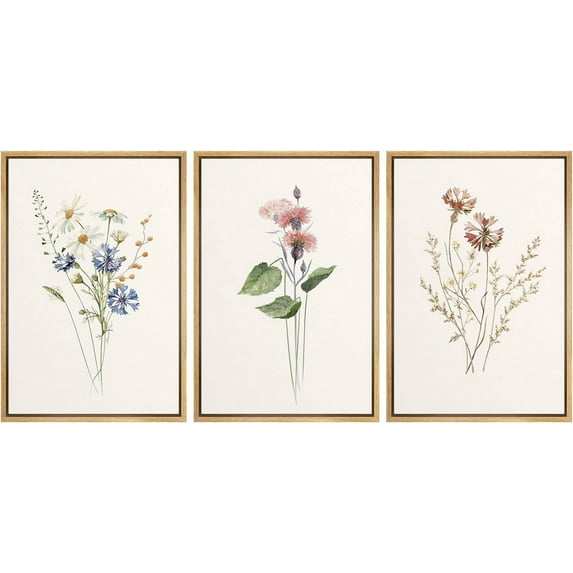 IDEA4WALL Framed Canvas Print Wall Art Set of 3 Wildflowers Botanical Prints Retro Elegant Flowers Floral Illustration Art Vintage Nature Wilderness Artwork for Room Decor - Natural 24"x36"x3