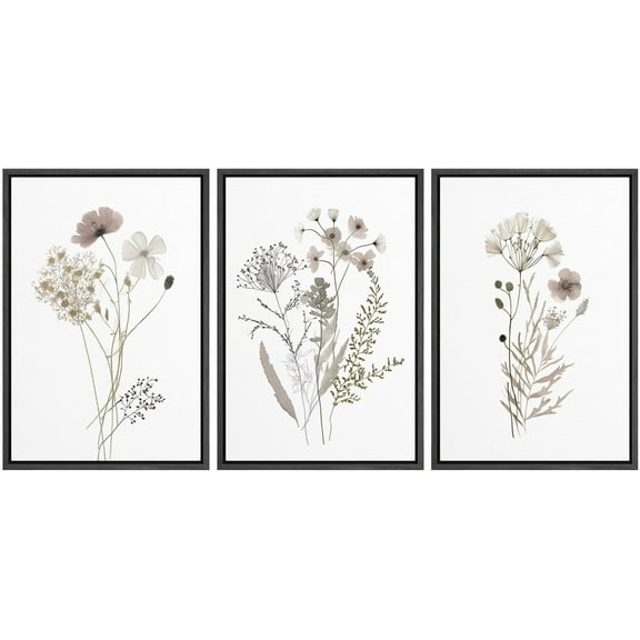 IDEA4WALL Framed Canvas Print Wall Art Set of 3 Wildflowers Bouquet Nature Wilderness Watercolor Floral Modern Art Boho Abstract Decorative Rustic Chic Artwork for Home Decor - Black 16"x24"x3