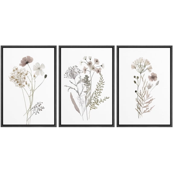 IDEA4WALL Framed Canvas Print Wall Art Set of 3 Wildflowers Bouquet Nature Wilderness Watercolor Floral Modern Art Boho Abstract Decorative Rustic Chic Artwork for Home Decor - Black 24"x36"x3