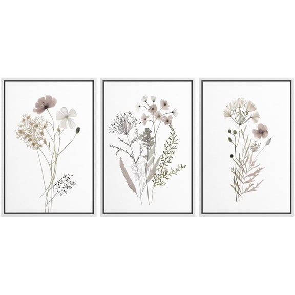 IDEA4WALL Framed Canvas Print Wall Art Set of 3 Wildflowers Bouquet Nature Wilderness Watercolor Floral Modern Art Boho Abstract Decorative Rustic Chic Artwork for Home Decor - White 24"x36"x3
