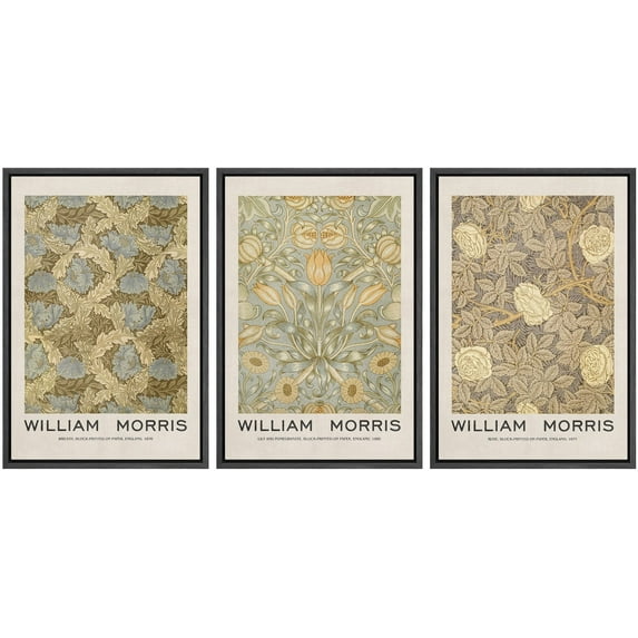 IDEA4WALL Framed Canvas Print Wall Art Set of 3 William Morris Floral Tapestry Vintage Pattern Nature Wilderness Geometric Modern Art Posters Calm/Relax/Cozy for Rooms - Black 24"x36"x3