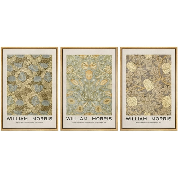 IDEA4WALL Framed Canvas Print Wall Art Set of 3 William Morris Floral Tapestry Vintage Pattern Nature Wilderness Geometric Modern Art Posters Calm/Relax/Cozy for Rooms - Natural 16"x24"x3