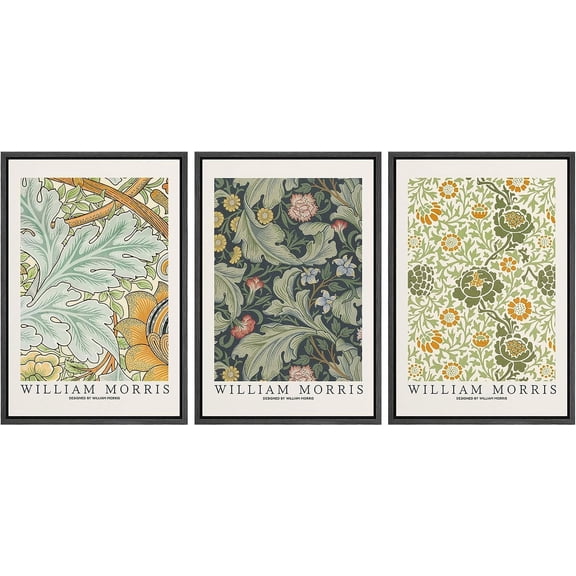 IDEA4WALL Framed Canvas Print Wall Art Set of 3 William Morris Flower Tapestry Posters Illustrations Nature Wilderness Vintage Art Floral Botanical Wall Decor Artwork for Rooms - Black 16"x24"x3