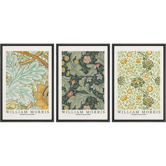 IDEA4WALL Framed Canvas Print Wall Art Set of 3 William Morris Flower Tapestry Posters Illustrations Nature Wilderness Vintage Art Floral Botanical Wall Decor Artwork for Rooms - Black 16"x24"x3