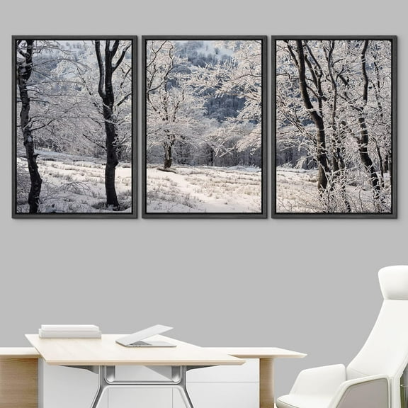 IDEA4WALL Framed Canvas Print Wall Art Set of 3 Winter Snowy Forest Tree Trail Path Nature Wilderness Photography Realism Decorative Landscape Scenic for Rooms - 16"x24"x3 Panels Black