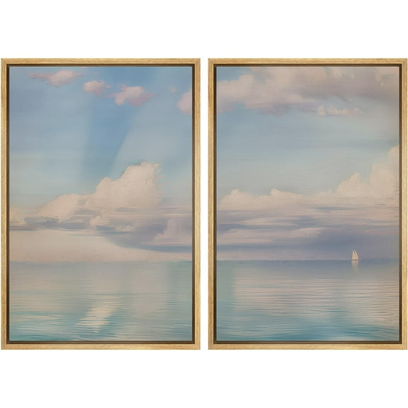 IDEA4WALL Framed Canvas Print Wall Art Set Abstract Coastal Digital Art Neutral Seaside Tranquility Calming Seascapes Wall Decorative Chic Zen Contemporary Artwork for Home Decor - Natural 24"x36"x2