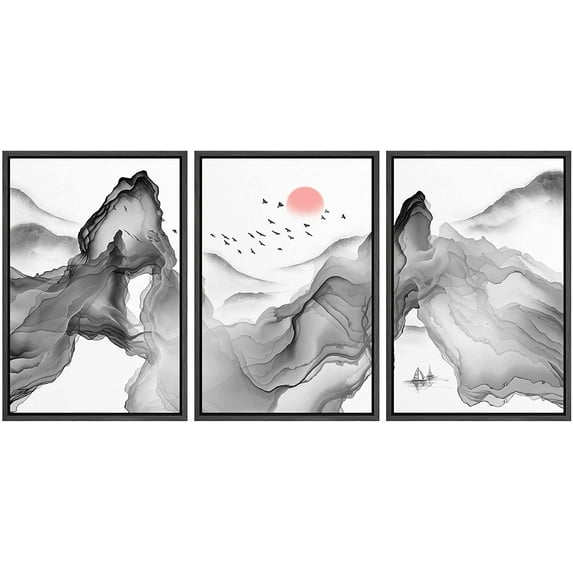 IDEA4WALL Framed Canvas Print Wall Art Set Abstract Dark Watercolor Mountain Sky Nature Wilderness Modern Art Decorative Landscape Rustic for Living Room, Bedroom, Office - 16"x24"x3 Black