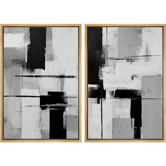 IDEA4WALL Framed Canvas Print Wall Art Set Abstract Expressionist Black & White Illustration Splicing Color Blocks Pattern Modern Digital Art Wall Decor Minimal for Home Decor - Natural 24"x36"x2