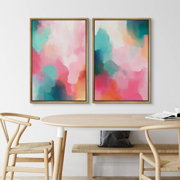 IDEA4WALL Framed Canvas Print Wall Art Set Abstract Expressionist Pink & Blue Illustration Splicing Color Blocks Pattern Modern Digital Art Wall Decor Minimal for Home Decor - Natural 16"x24"x2