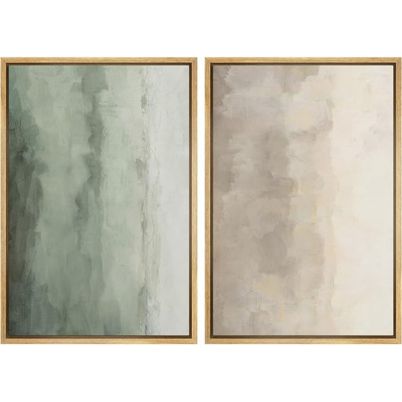 IDEA4WALL Framed Canvas Print Wall Art Set Abstract Pastel Hues Minimalist Illustrations Vintage Art Decor Gradient Green Brown Artwork for Living Room, Bedroom, Office - Natural 24"x36"x2