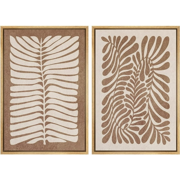 IDEA4WALL Framed Canvas Print Wall Art Set Abstract Retro Forest Leaf Collage Retro Art Nature Wilderness Fine Art Vintage Botanical Decor for Living Room, Bedroom, Office - Natural 24"x36"x2