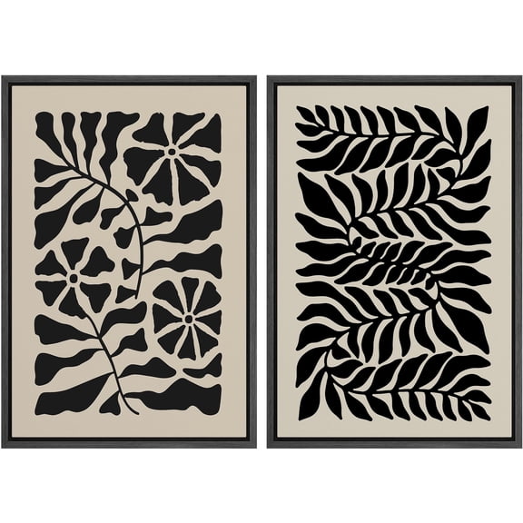 IDEA4WALL Framed Canvas Print Wall Art Set Black Abstract Floral Pattern Vintage Art Retro Wildflowers Illustration Decorative Bohemian Chic Artwork for Home Decor - Black 16"x24"x2