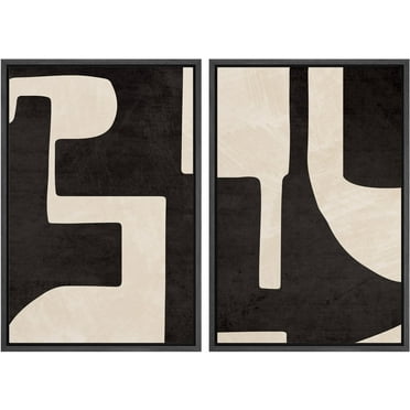 IDEA4WALL Framed Canvas Print Wall Art Set Black & Beige Geometric Paint Stroke Modern Art Abstract Wall Decoration Bohemian Minimal Artwork for Living Room, Bedroom, Office - 24"x36"x2 Black