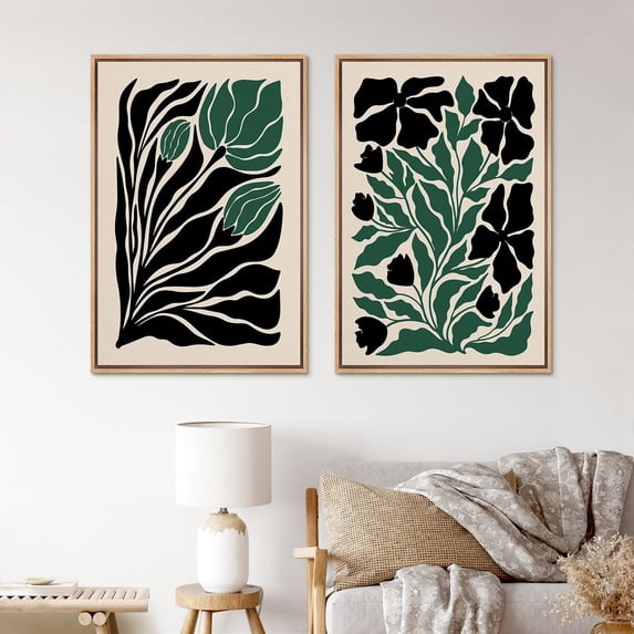 IDEA4WALL Framed Canvas Print Wall Art Set Black & Green Floral Illustration Fine Art Decorative Bohemian Nature Botanical Retro Artwork for Living Room, Bedroom, Office - 16"x24"x2 Natural