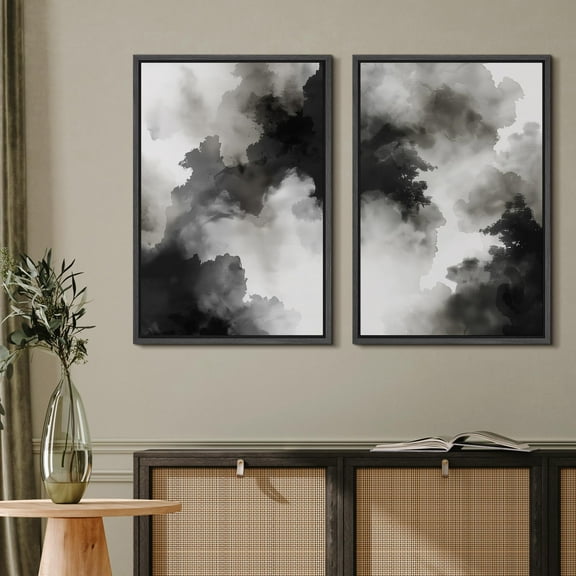 IDEA4WALL Framed Canvas Print Wall Art Set Black & White Abstract Smokey Illustration Brush Strokes Pattern Modern Digital Art Wall Decor Minimal Cool for Home Decor - 24"x36"x2 White