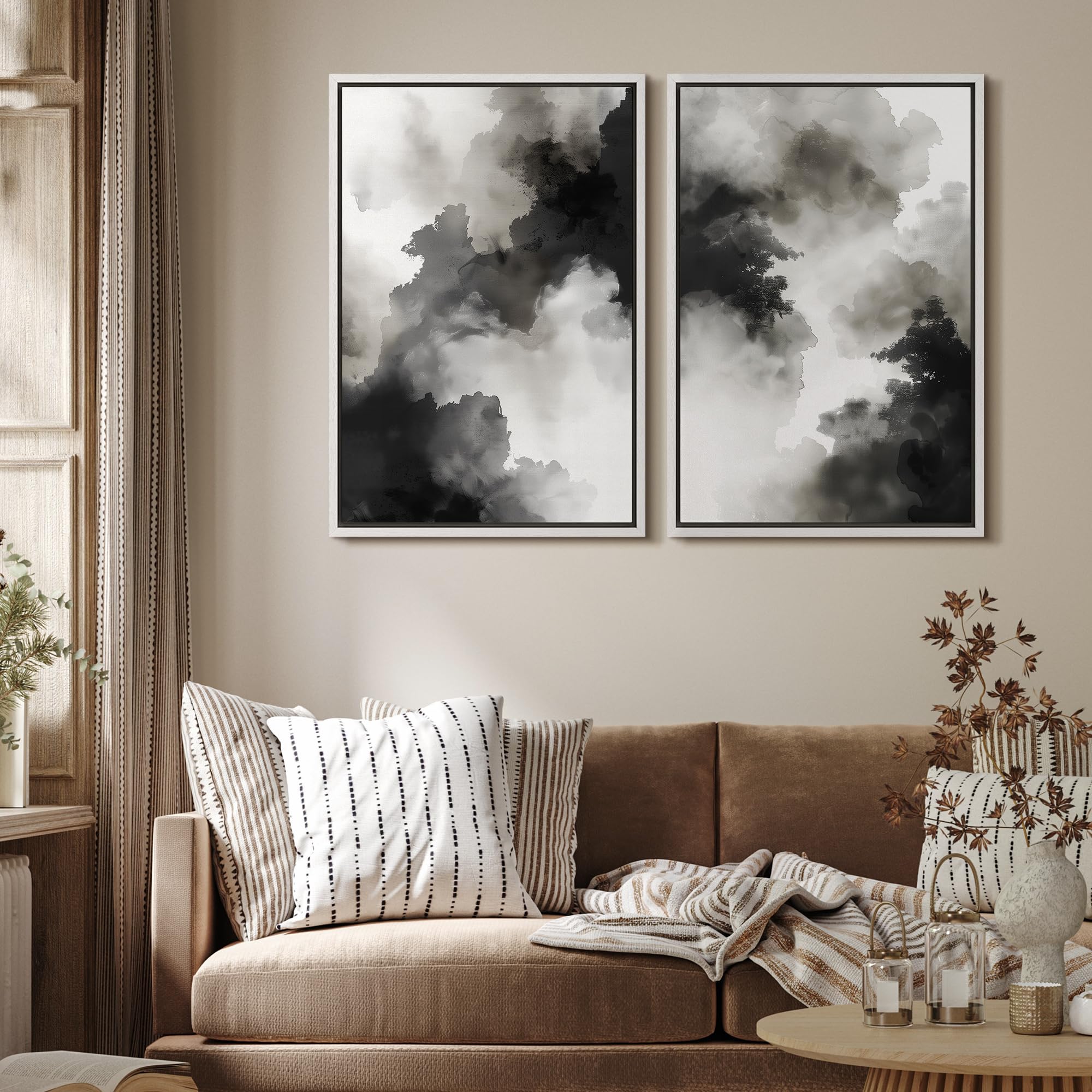 IDEA4WALL Framed Canvas Print Wall Art Set Black & White Abstract ...