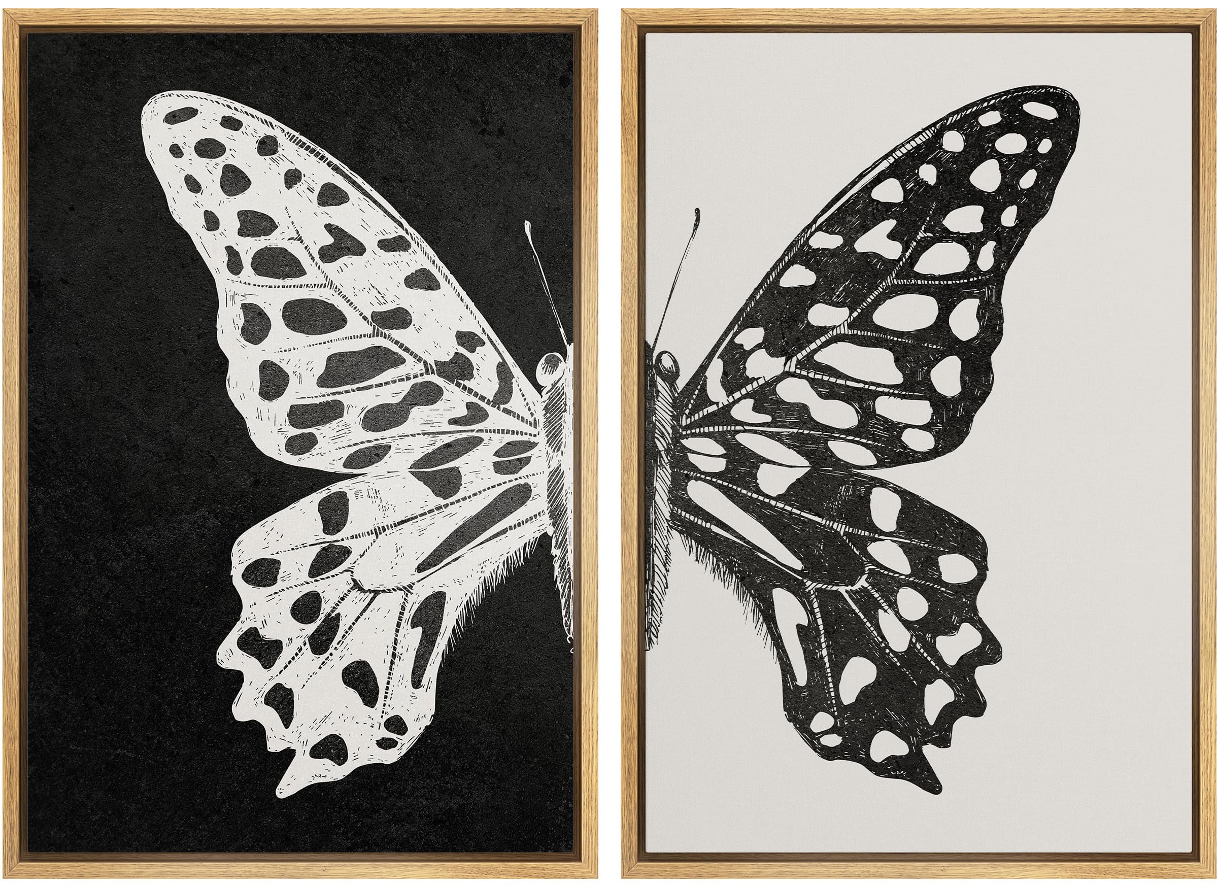 IDEA4WALL Framed Canvas Print Wall Art Set Black and White Butterfly ...