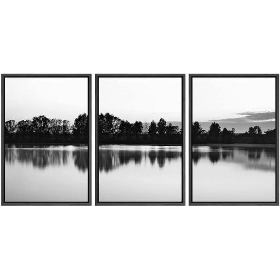 IDEA4WALL Framed Canvas Print Wall Art Set Black White Forest Lake Reflection Landscape Nature Photography Art Rustic Scenic Relax/Calm for Living Room, Bedroom, Office - 16"x24"x3 Black