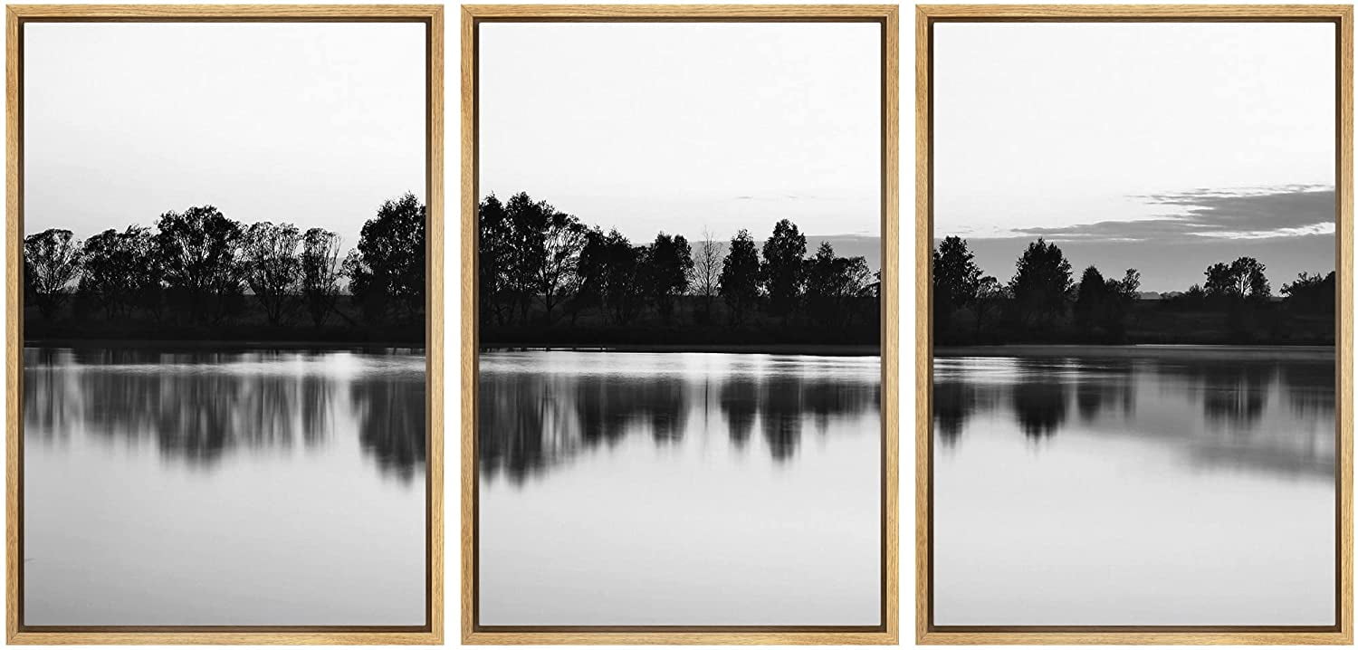 IDEA4WALL Framed Canvas Print Wall Art Set Black White Forest Lake ...