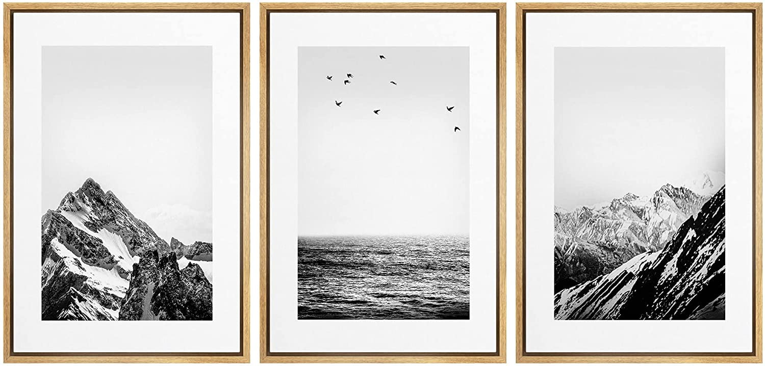 Natural Framed Black and White Landscape Canvas Print Set