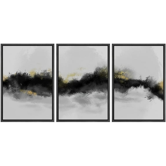 IDEA4WALL Framed Canvas Print Wall Art Set Black & White Watercolor Paint Strokes Abstract Shapes Modern Art Decorative Landscape Rustic for Living Room, Bedroom, Office - 16"x24"x3 Black